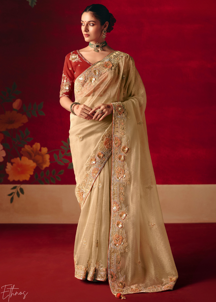 Cream Off-White Floral Sequin Embroidered Organza Tissue Saree