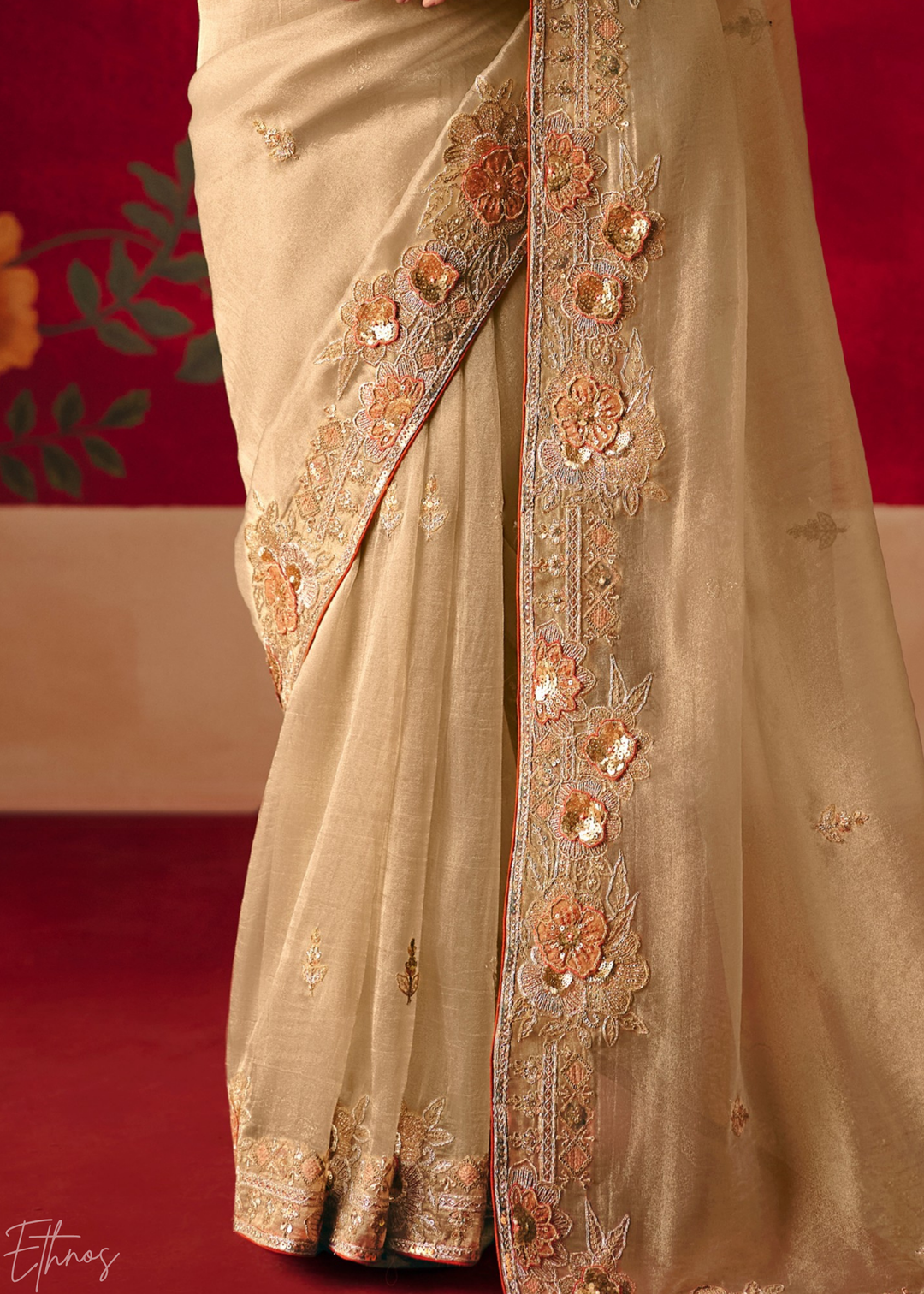 Cream Off-White Floral Sequin Embroidered Organza Tissue Saree