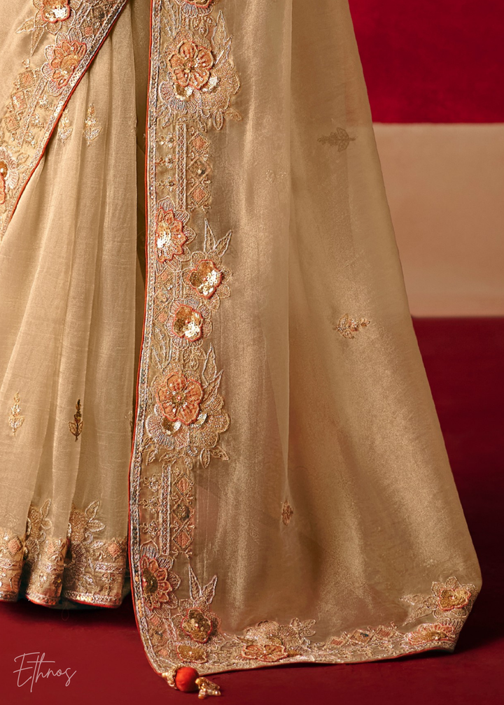 Cream Off-White Floral Sequin Embroidered Organza Tissue Saree