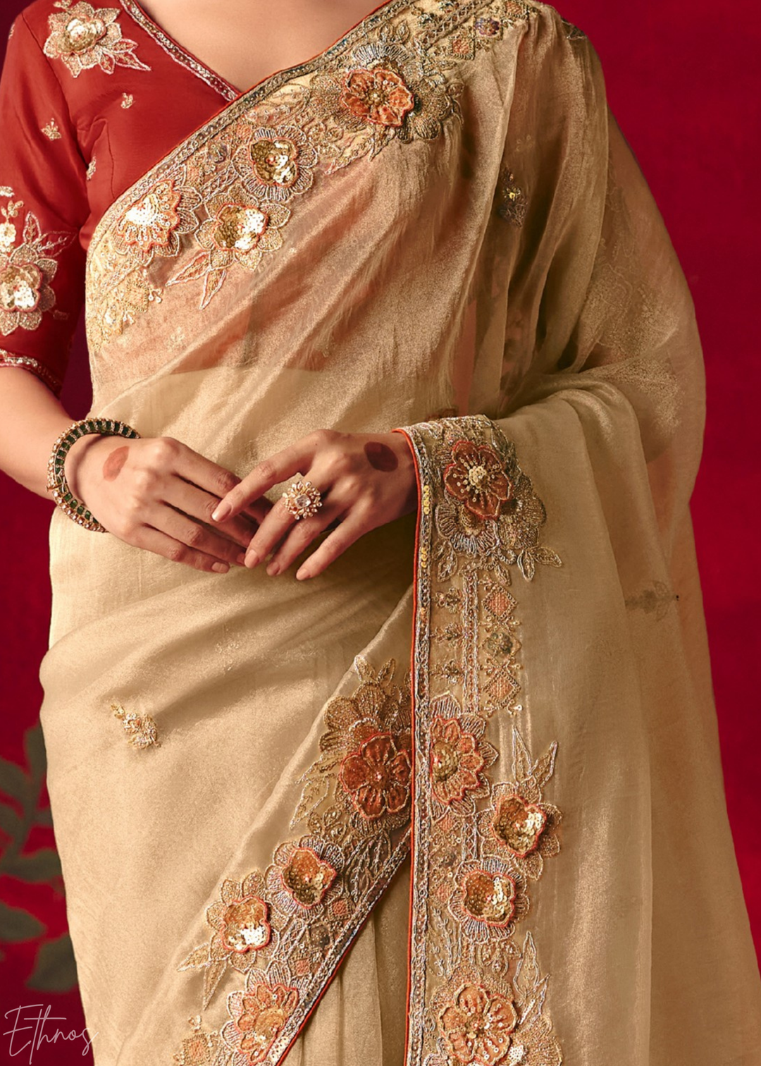 Cream Off-White Floral Sequin Embroidered Organza Tissue Saree