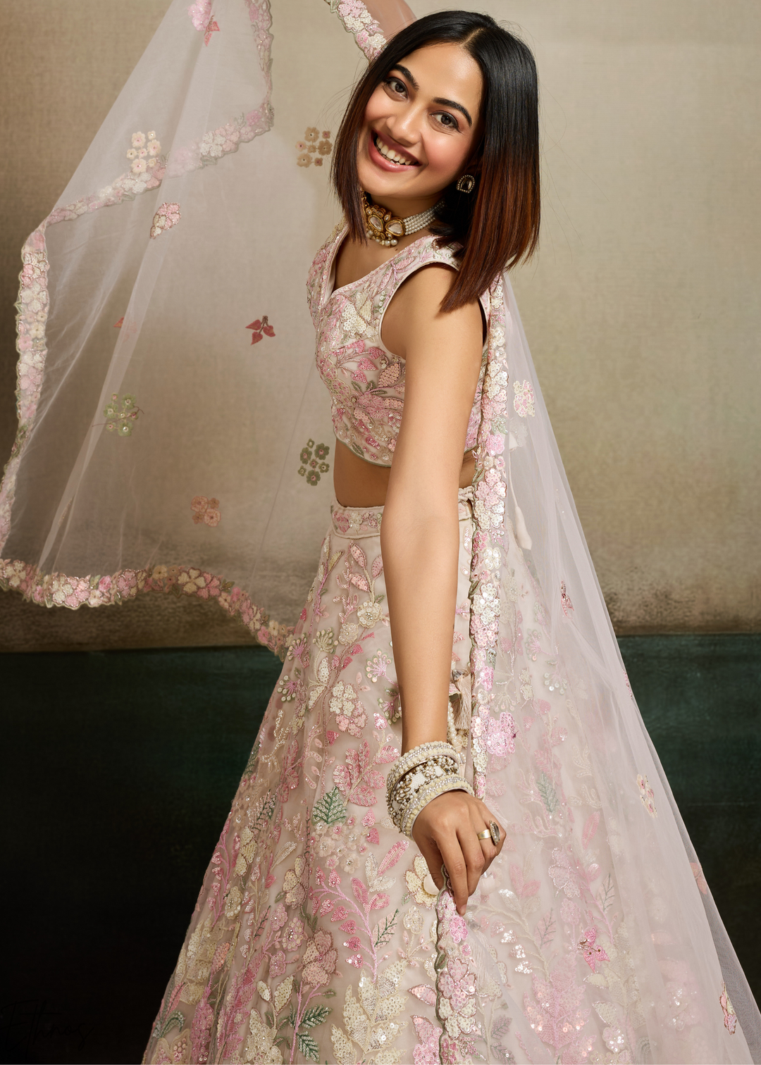 Cream Pastel Floral Embroidered Net Lehenga