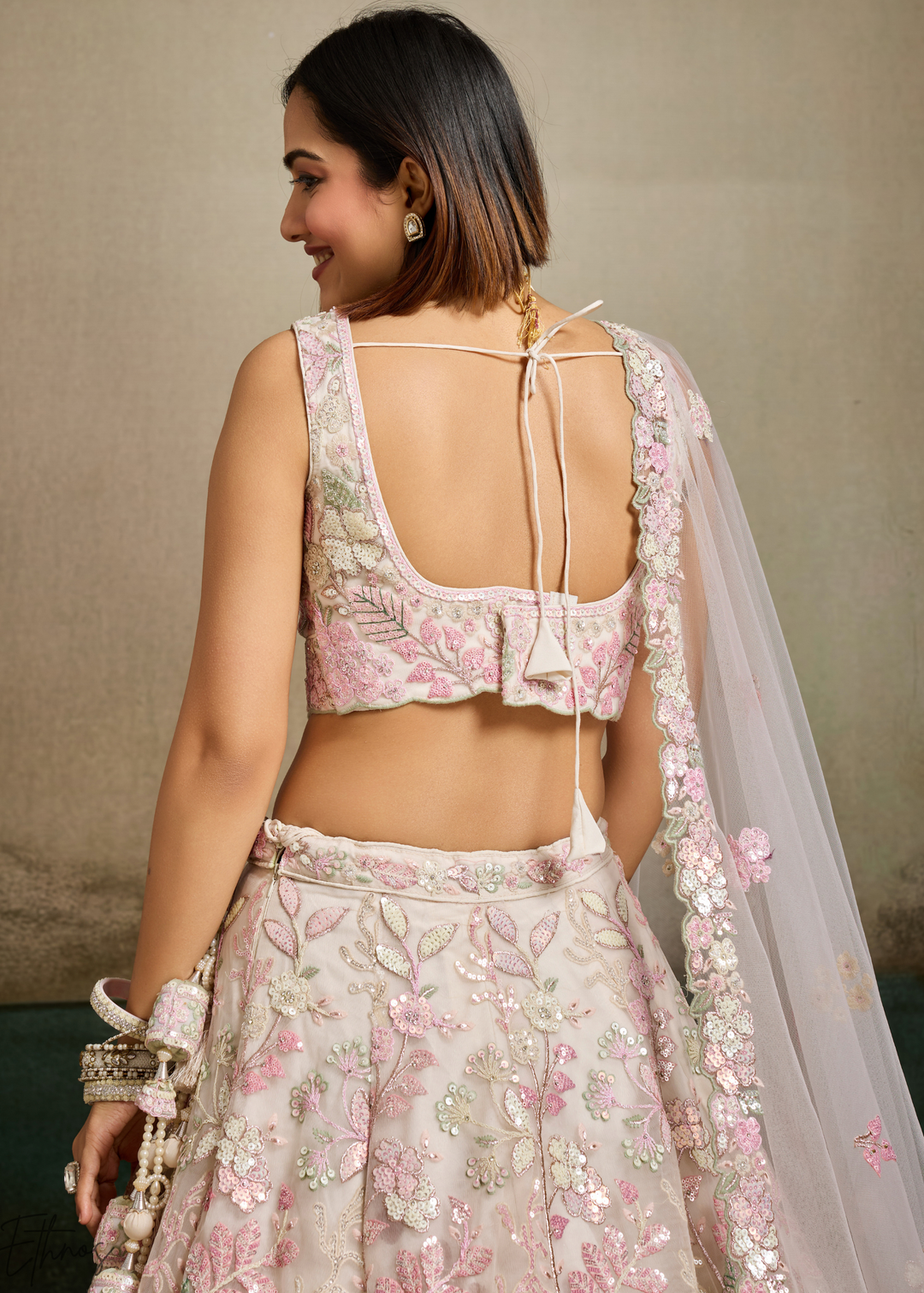 Cream Pastel Floral Embroidered Net Lehenga