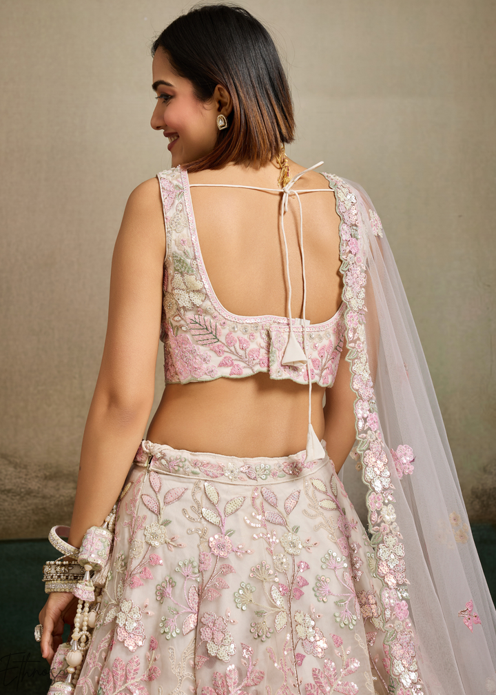 Cream Pastel Floral Embroidered Net Lehenga