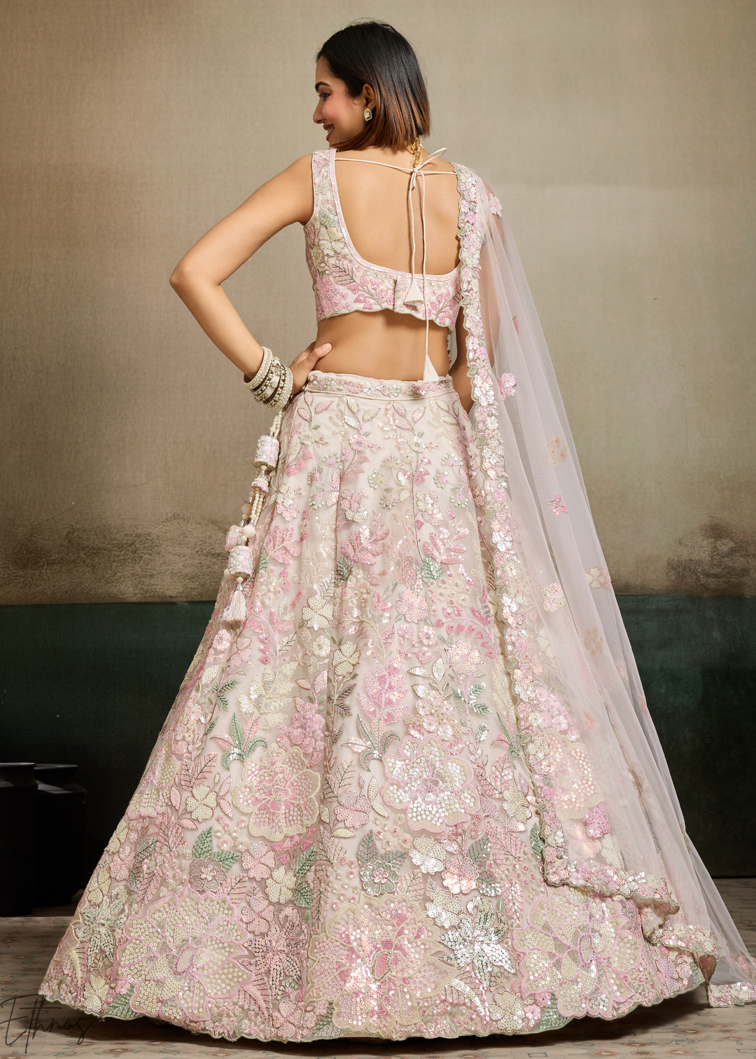 Cream Pastel Floral Embroidered Net Lehenga
