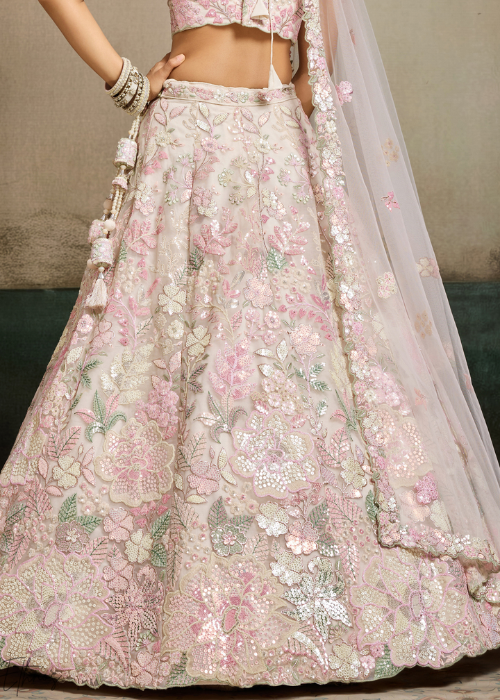 Cream Pastel Floral Embroidered Net Lehenga