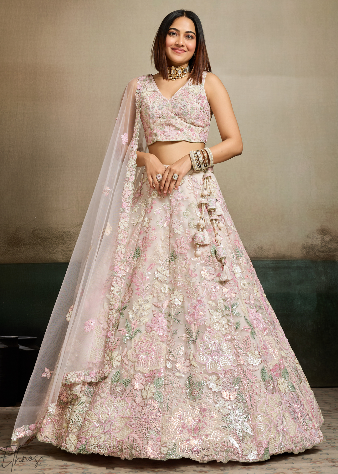 Cream Pastel Floral Embroidered Net Lehenga