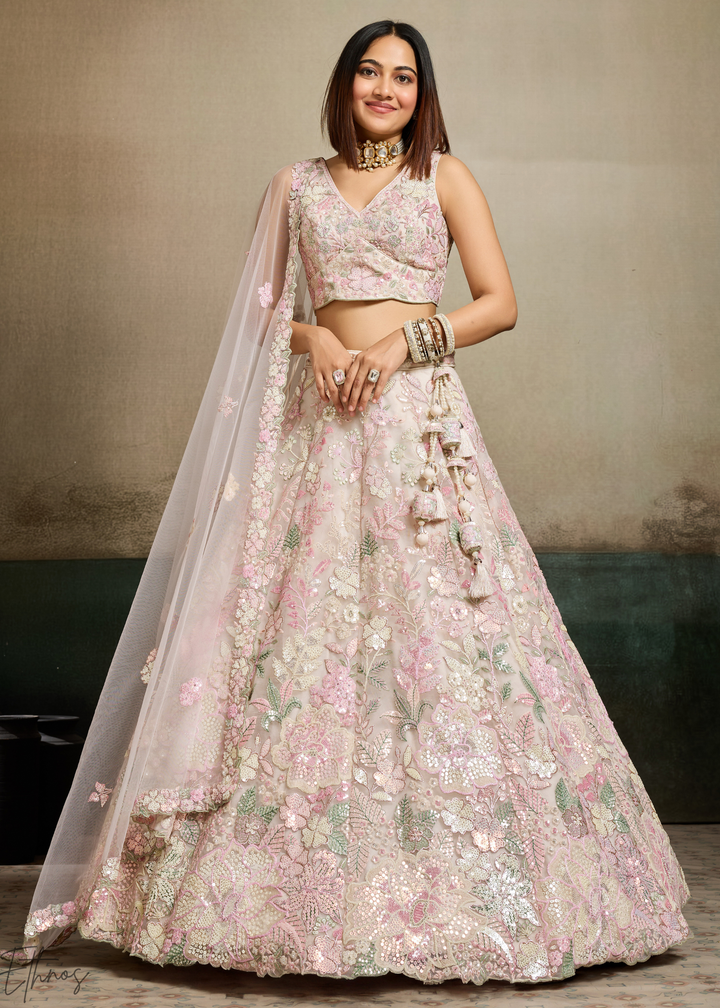 Cream Pastel Floral Embroidered Net Lehenga