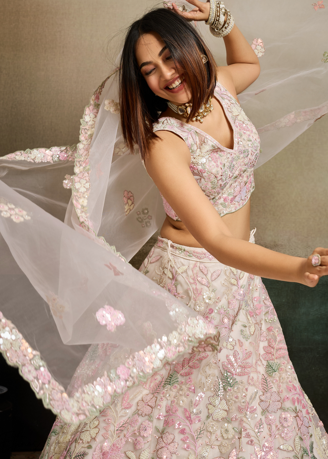 Cream Pastel Floral Embroidered Net Lehenga