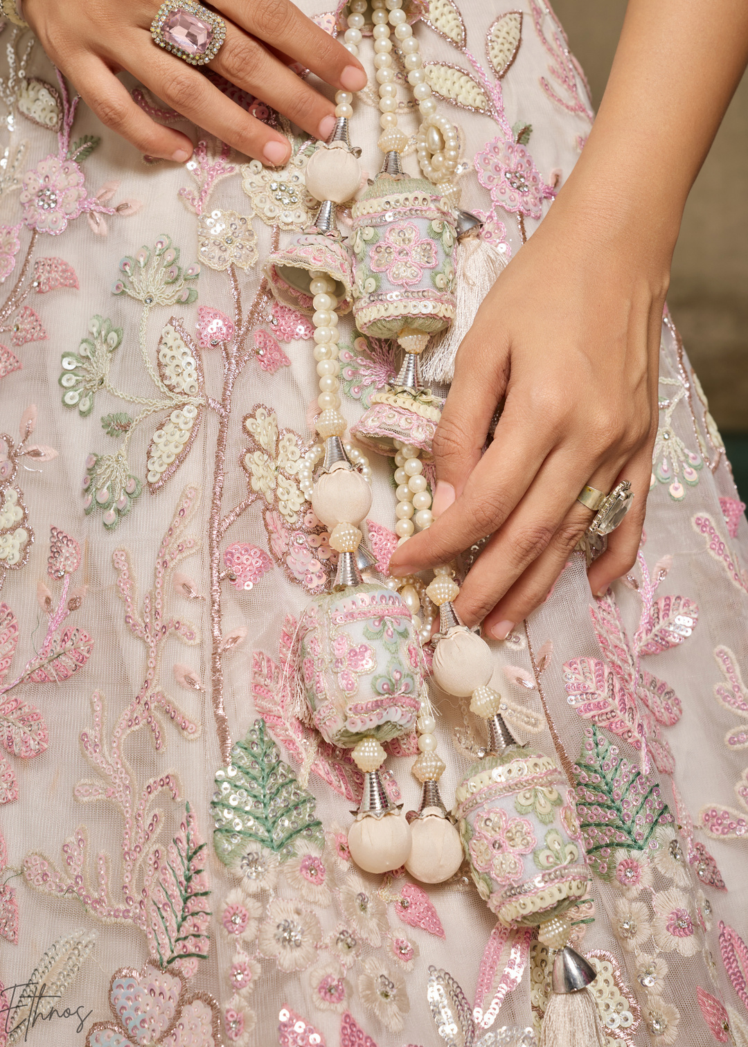 Cream Pastel Floral Embroidered Net Lehenga