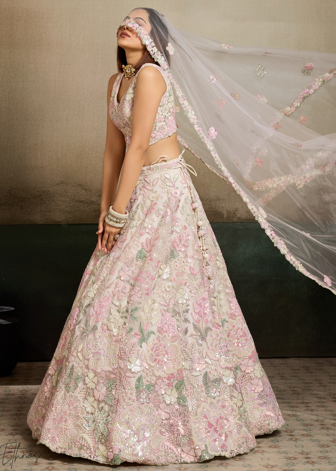 Cream Pastel Floral Embroidered Net Lehenga