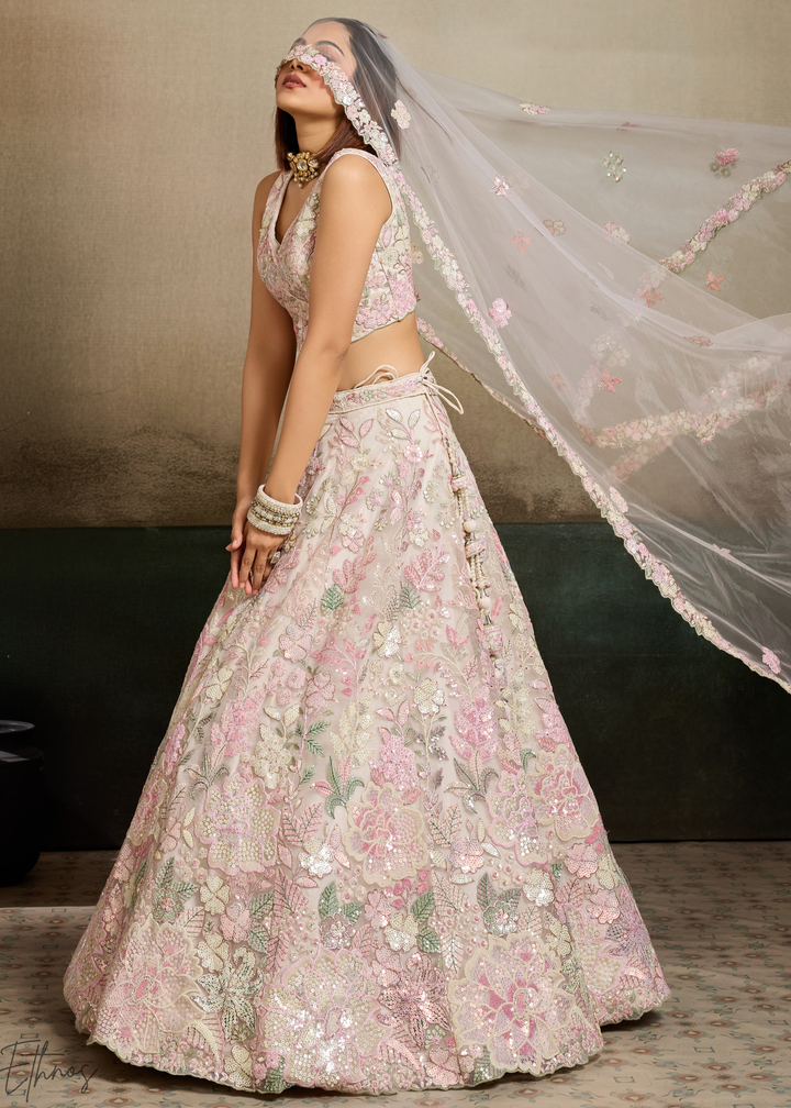 Cream Pastel Floral Embroidered Net Lehenga