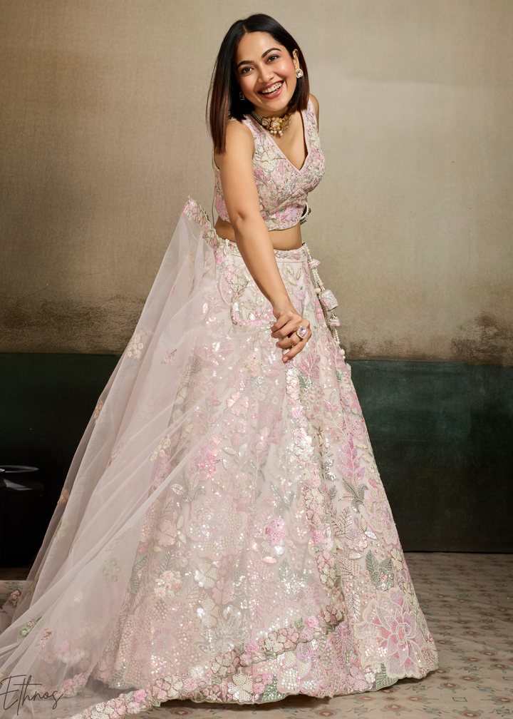 Cream Pastel Floral Embroidered Net Lehenga