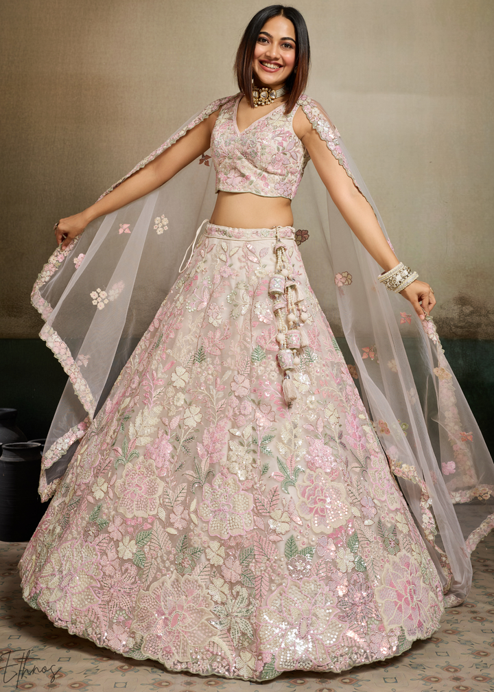 Cream Pastel Floral Embroidered Net Lehenga