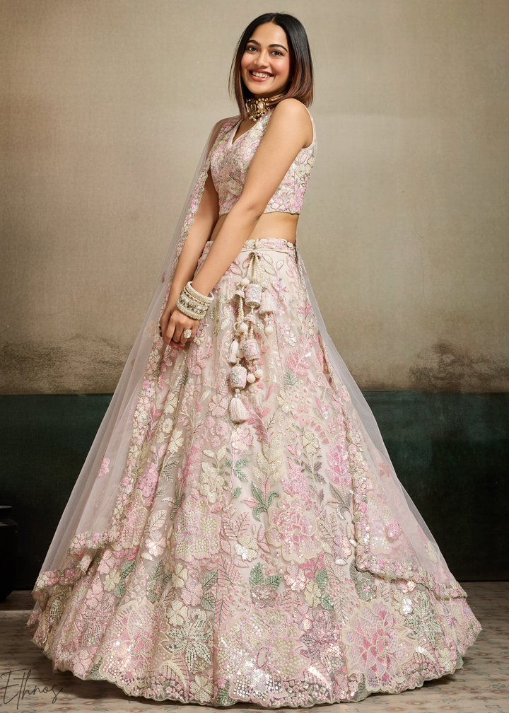 Cream Pastel Floral Embroidered Net Lehenga
