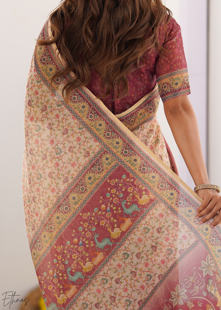 Cream Pink Floral Printed Handloom Cotton Saree