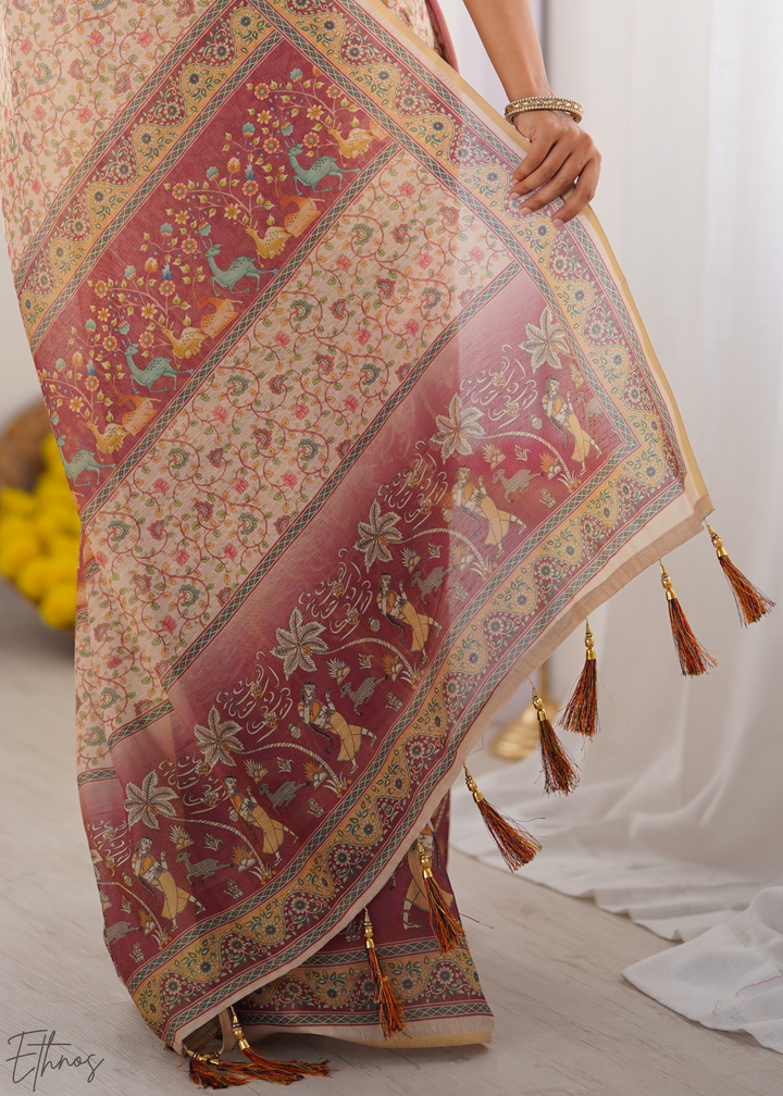 Cream Pink Floral Printed Handloom Cotton Saree