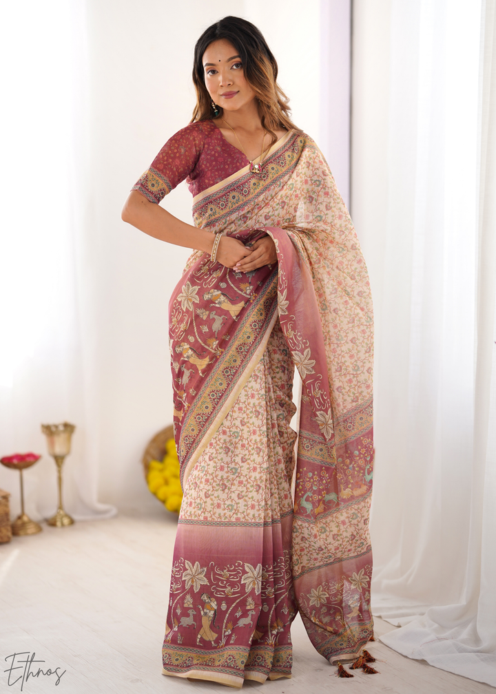 Cream Pink Floral Printed Handloom Cotton Saree