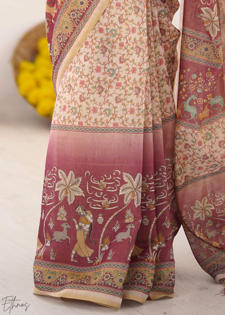 Cream Pink Floral Printed Handloom Cotton Saree