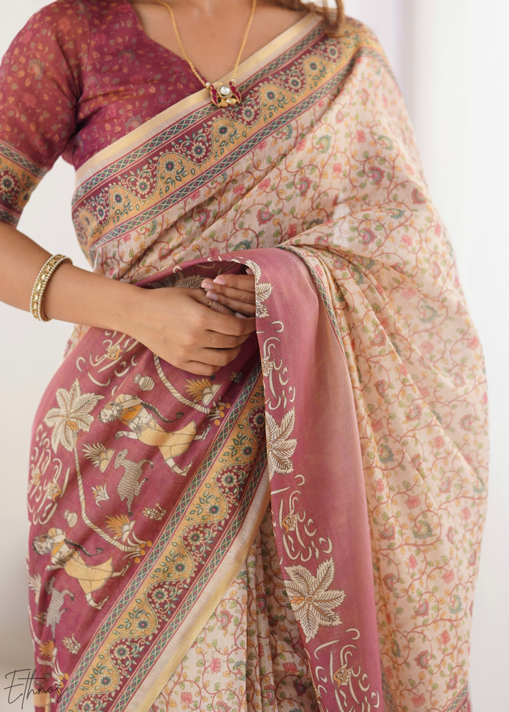 Cream Pink Floral Printed Handloom Cotton Saree