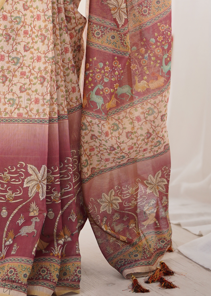 Cream Pink Floral Printed Handloom Cotton Saree