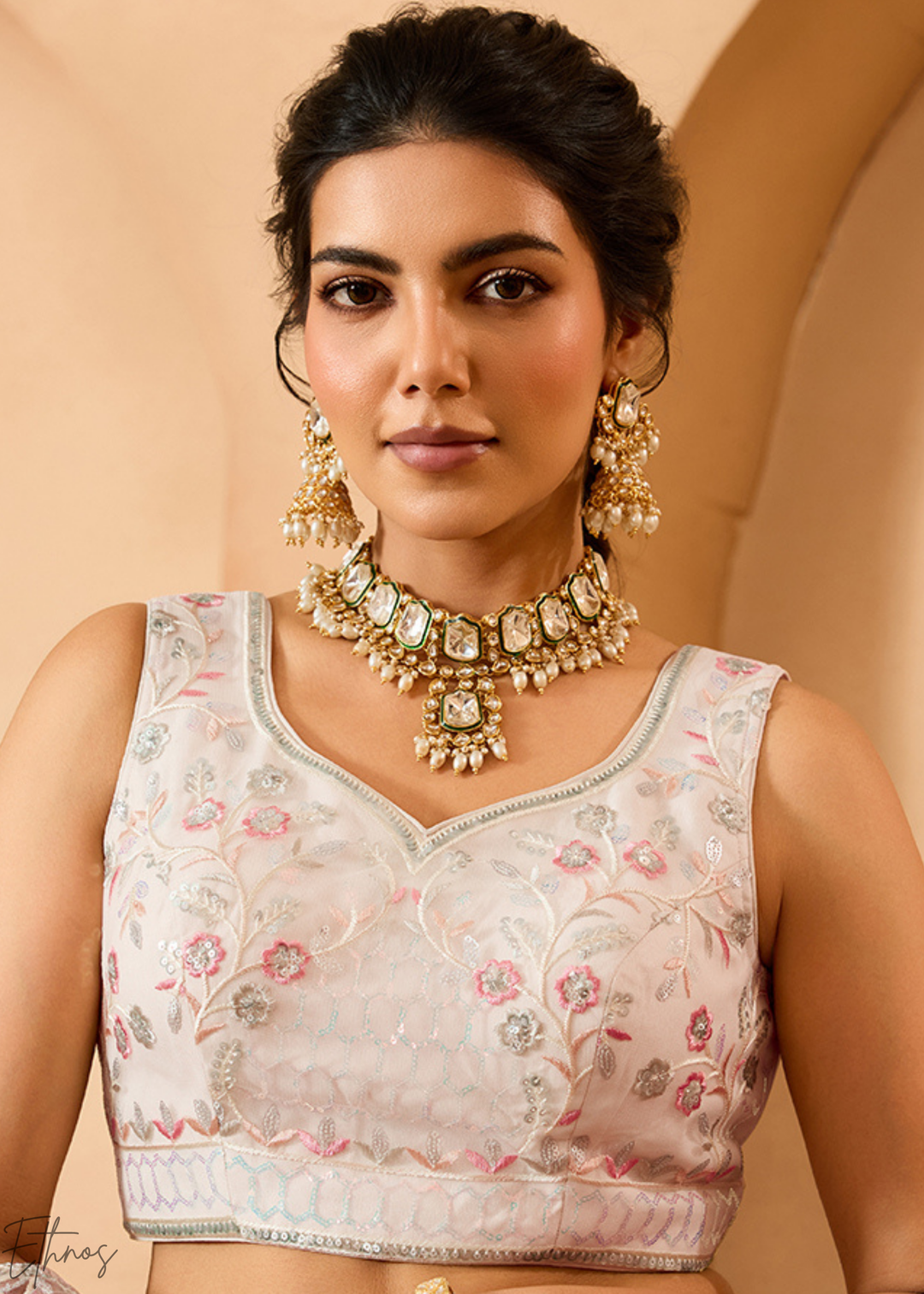 Cream Pink Pastel Floral Sequins Embroidered Net Lehenga Choli