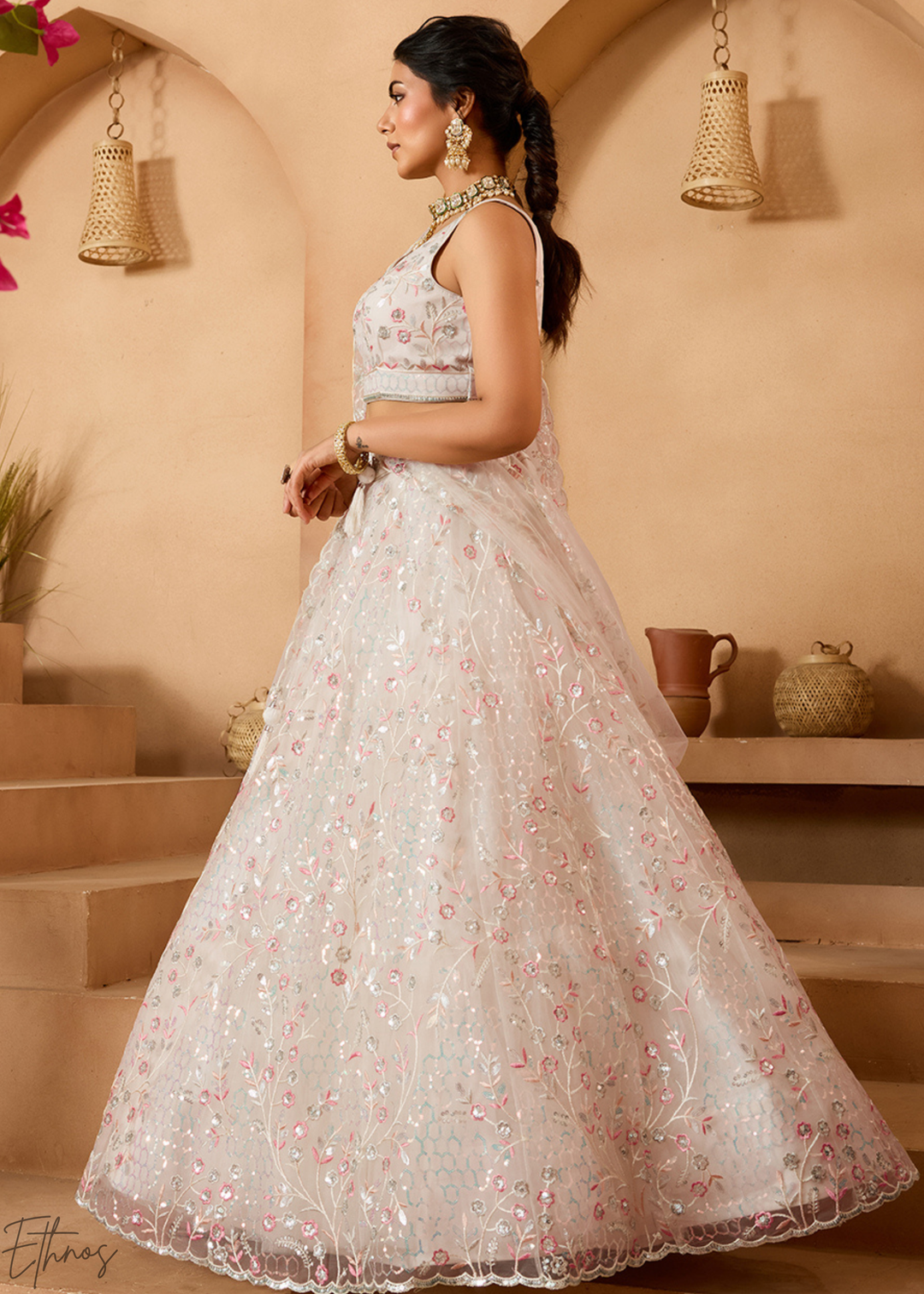 Cream Pink Pastel Floral Sequins Embroidered Net Lehenga Choli