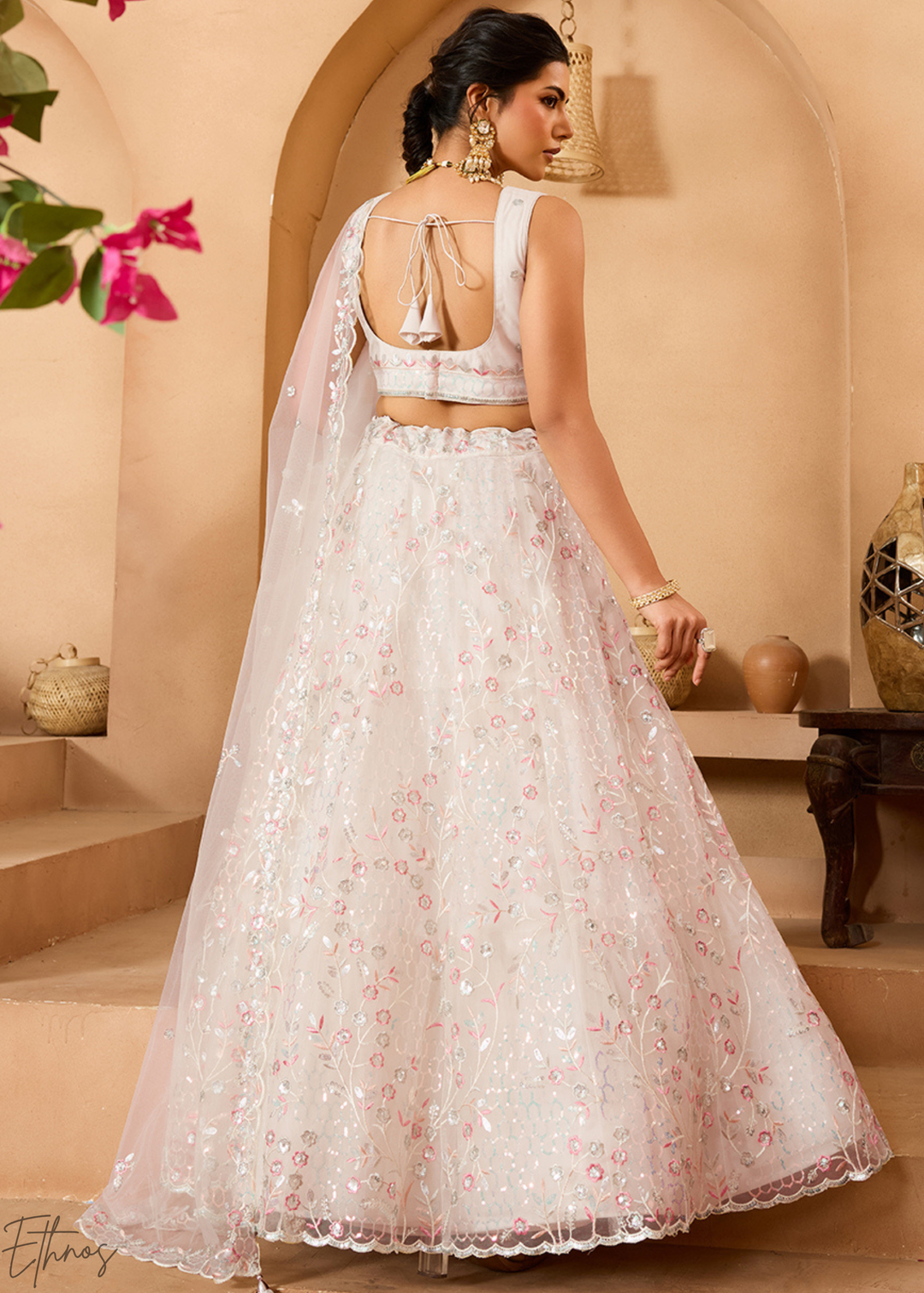 Cream Pink Pastel Floral Sequins Embroidered Net Lehenga Choli