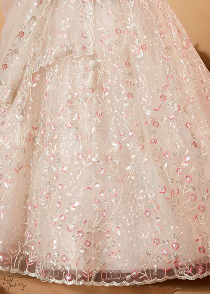 Cream Pink Pastel Floral Sequins Embroidered Net Lehenga Choli