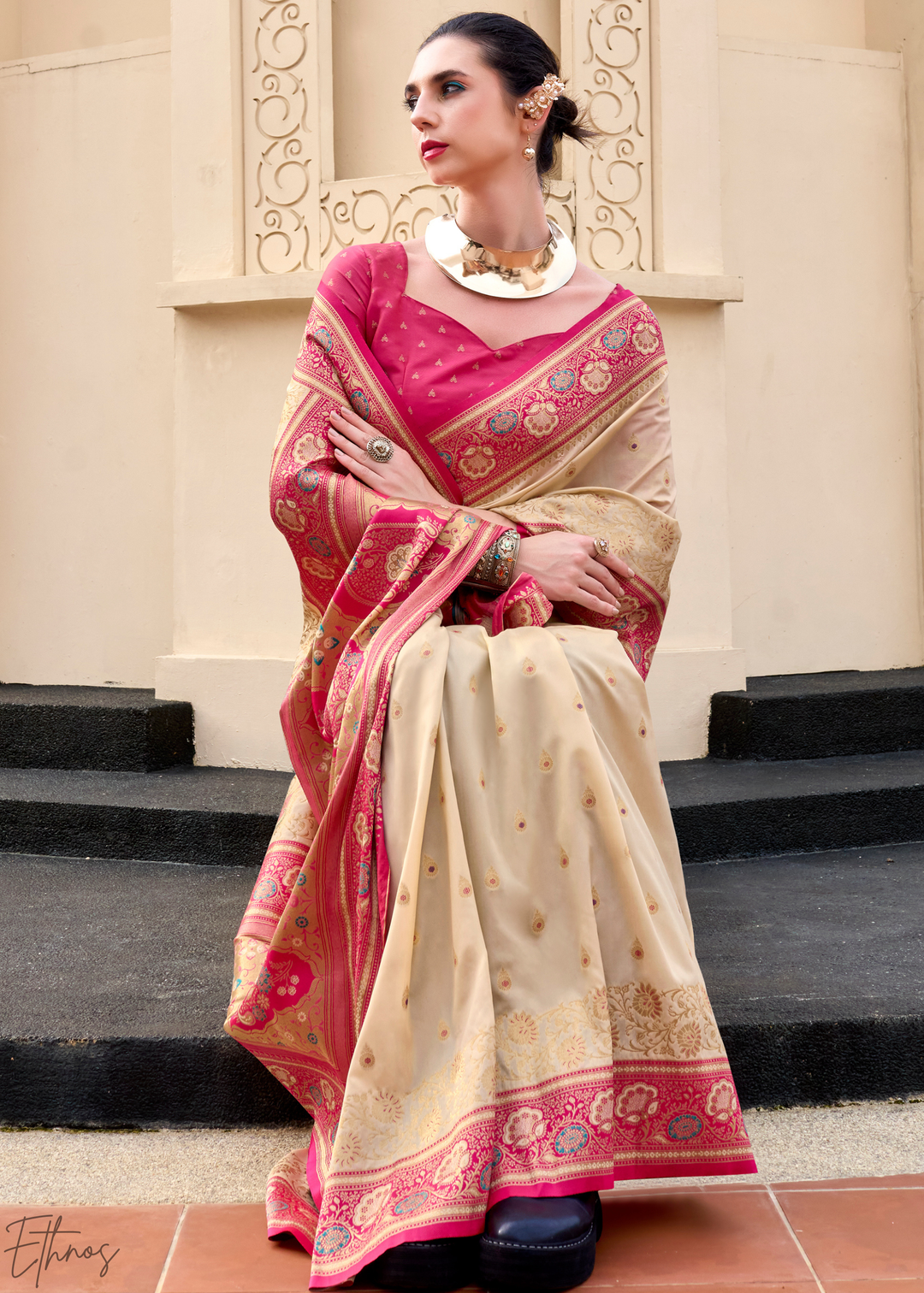 Cream Banarasi Silk Saree
