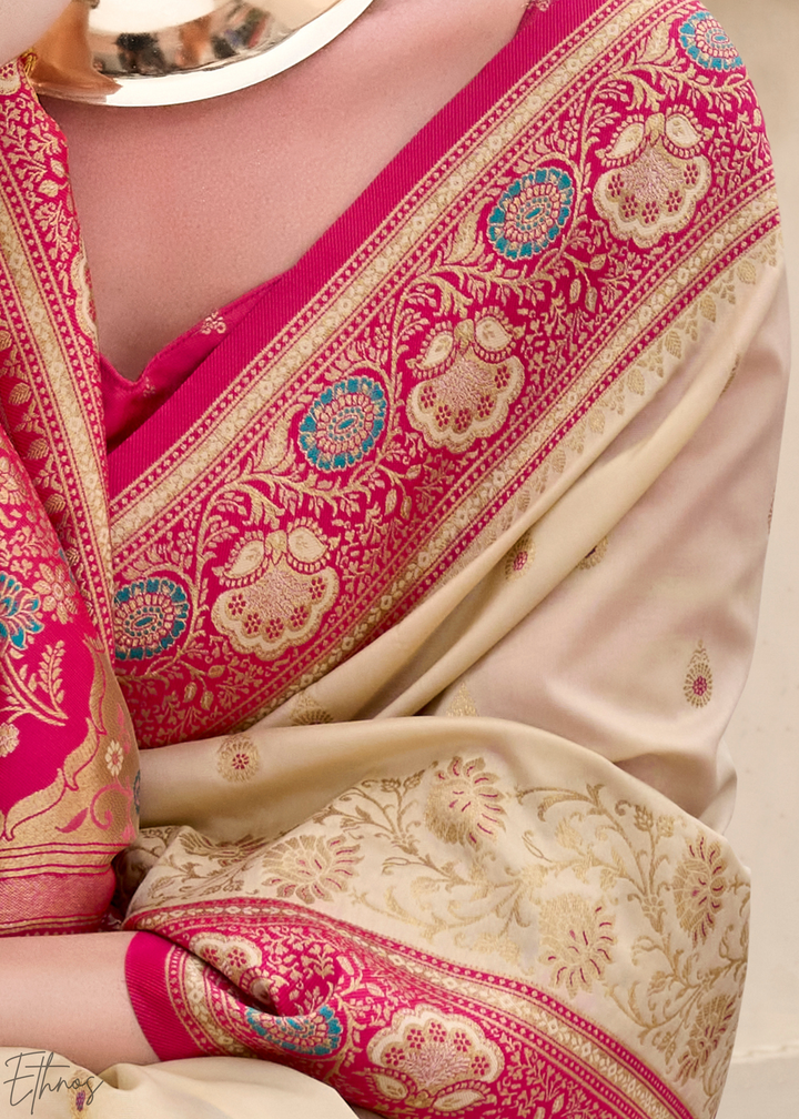Cream Banarasi Silk Saree