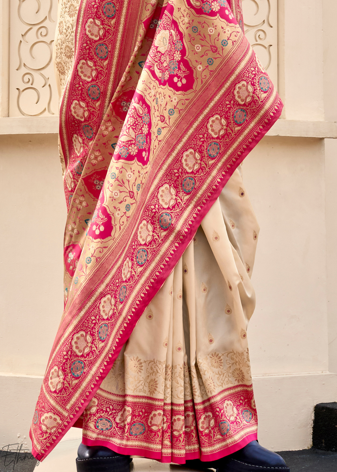 Cream Banarasi Silk Saree