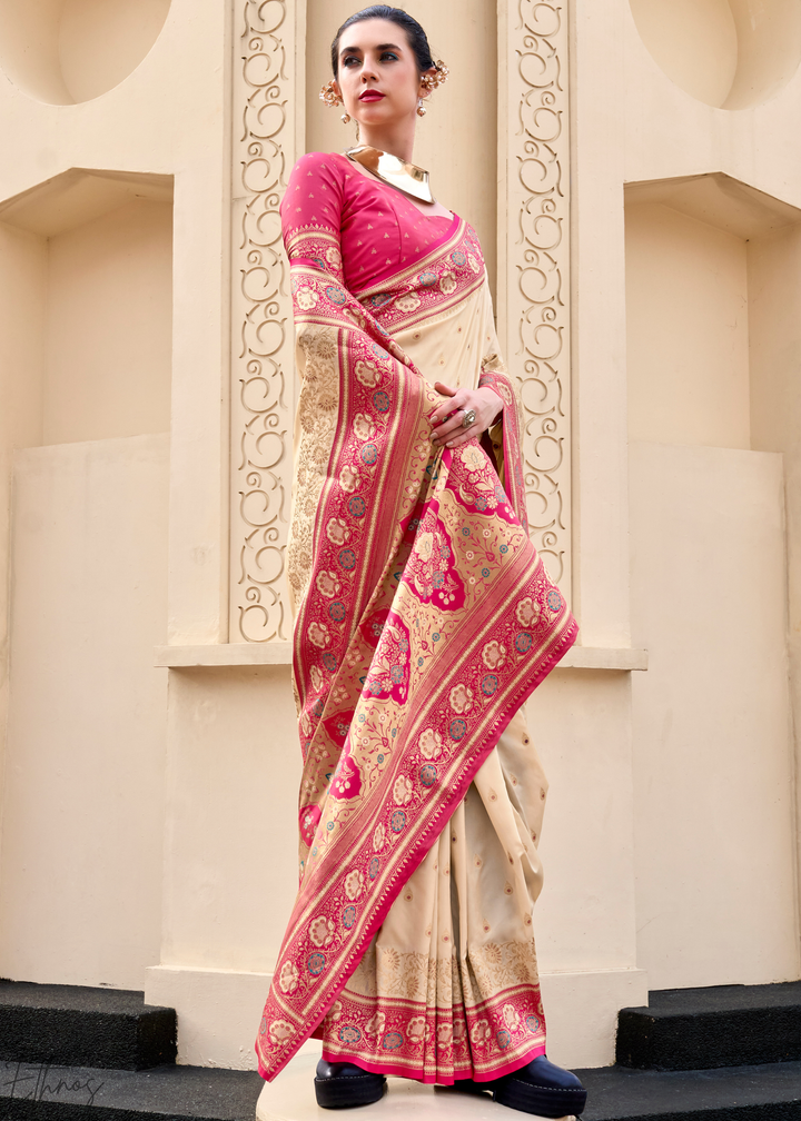 Cream Banarasi Silk Saree
