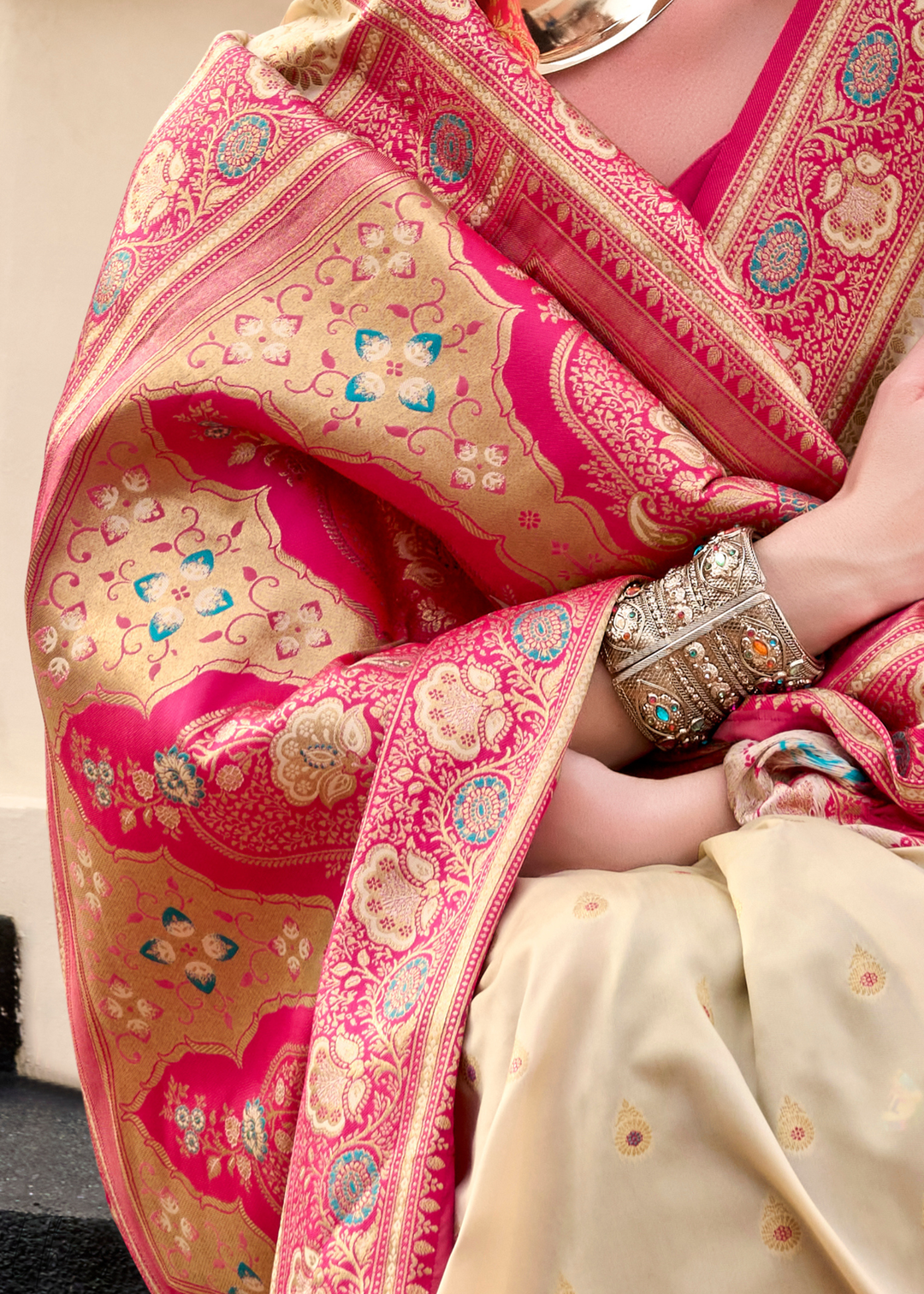 Cream Banarasi Silk Saree