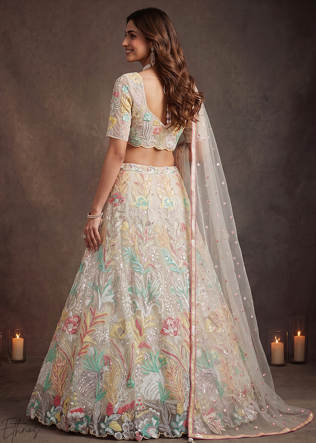 Cream Radiant Blossom Soft Net Lehenga Choli