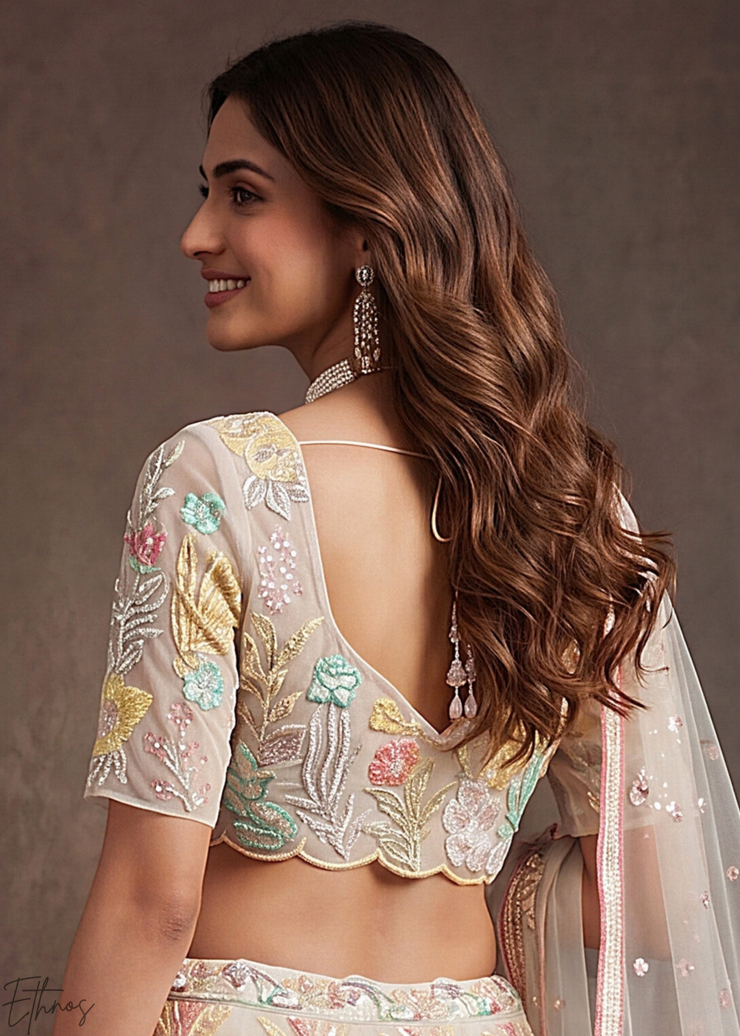 Cream Radiant Blossom Soft Net Lehenga Choli