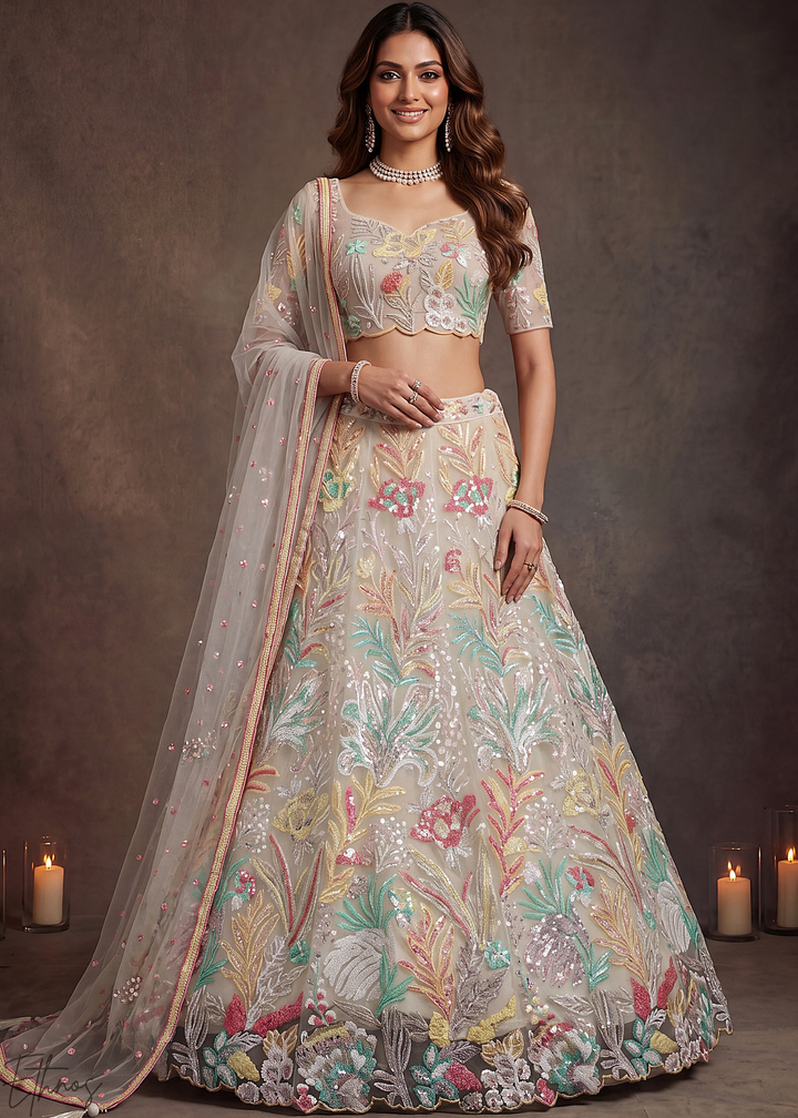 Cream Radiant Blossom Soft Net Lehenga Choli