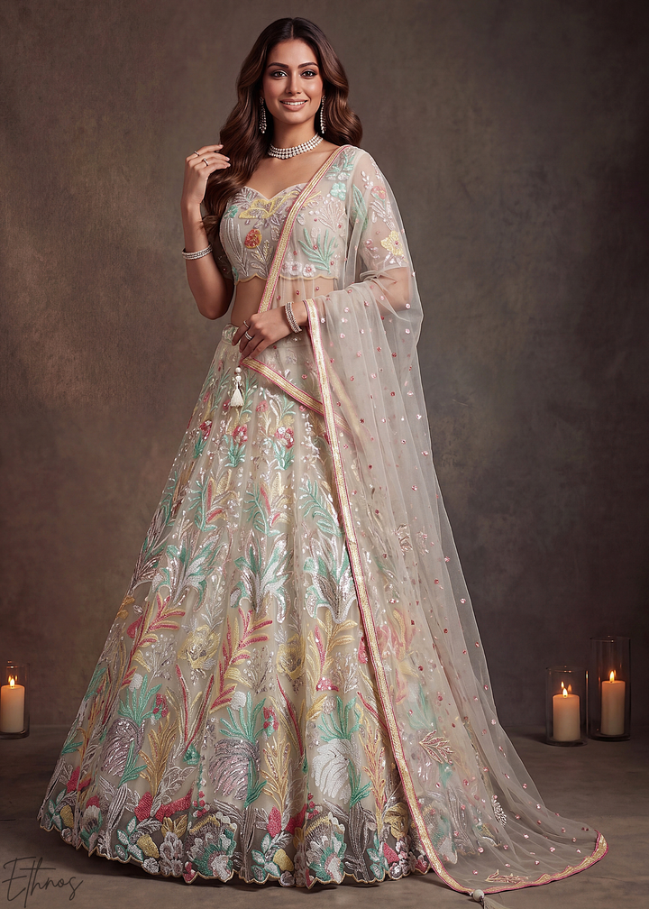 Cream Radiant Blossom Soft Net Lehenga Choli