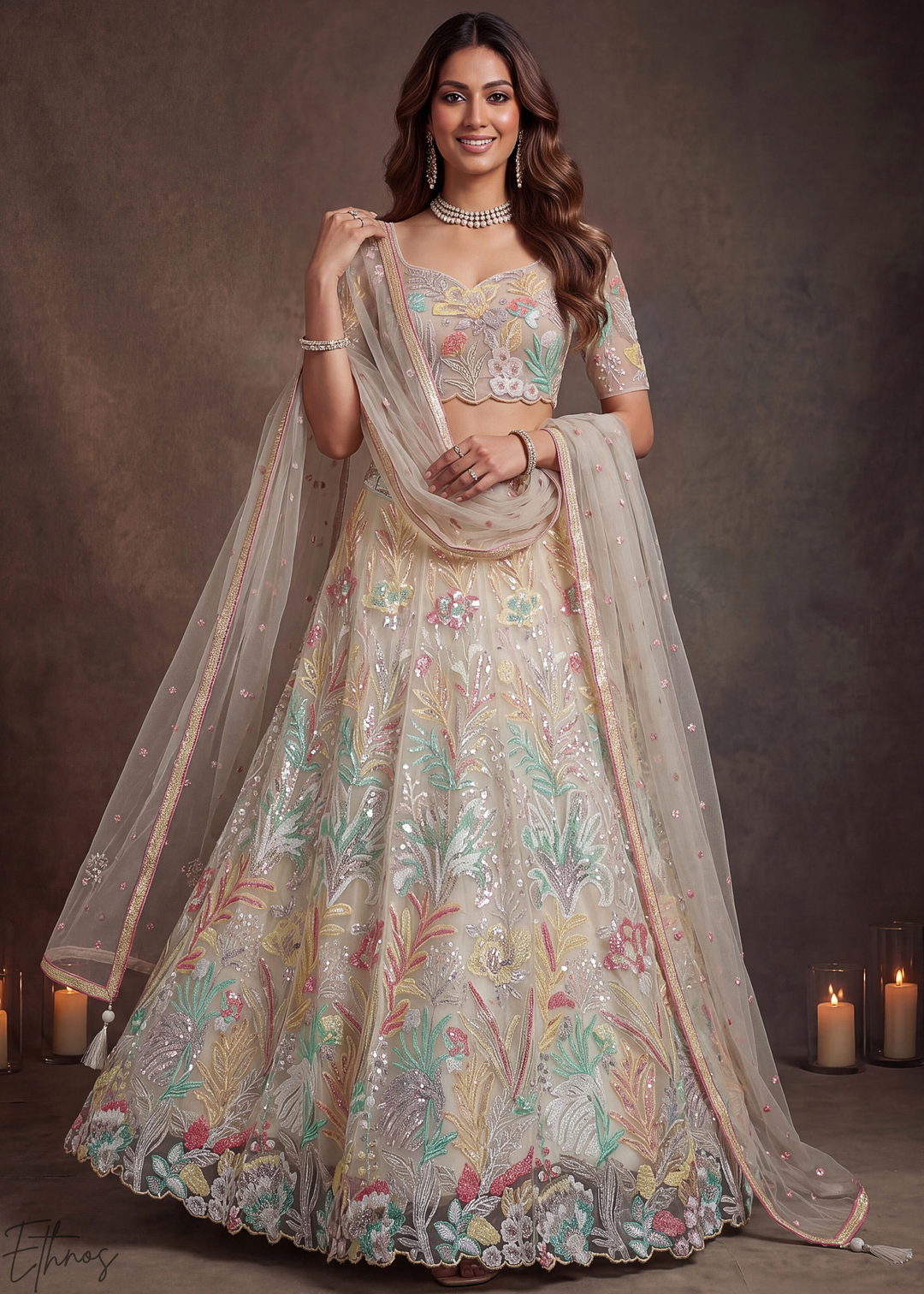 Cream Radiant Blossom Soft Net Lehenga Choli