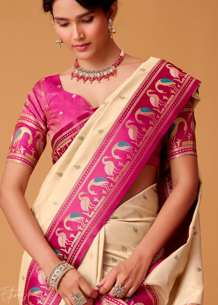 Cream Flamingo Satin Silk Saree