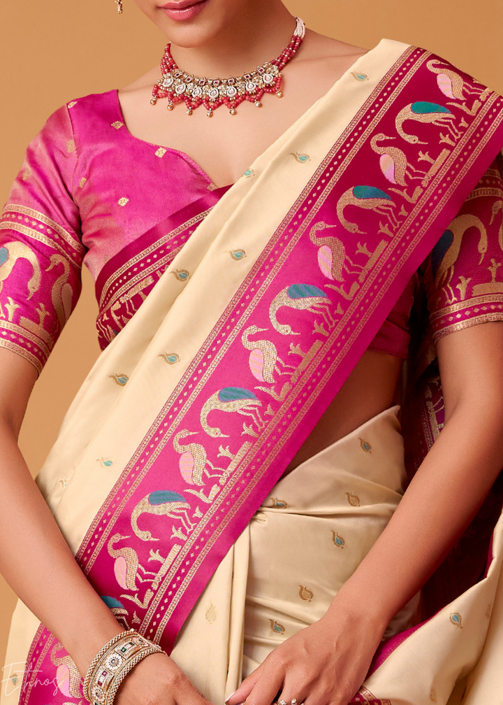 Cream Flamingo Satin Silk Saree