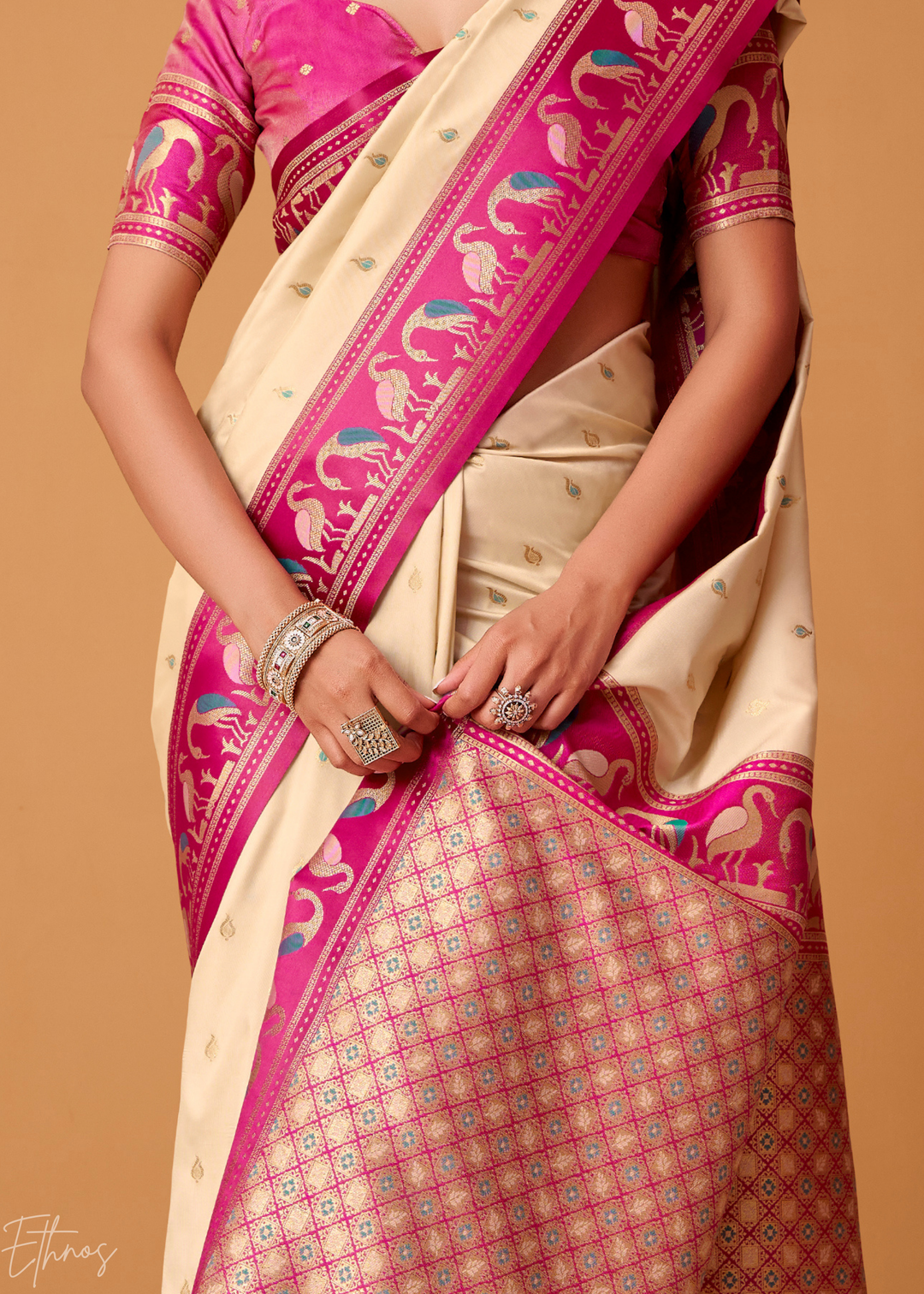 Cream Flamingo Satin Silk Saree