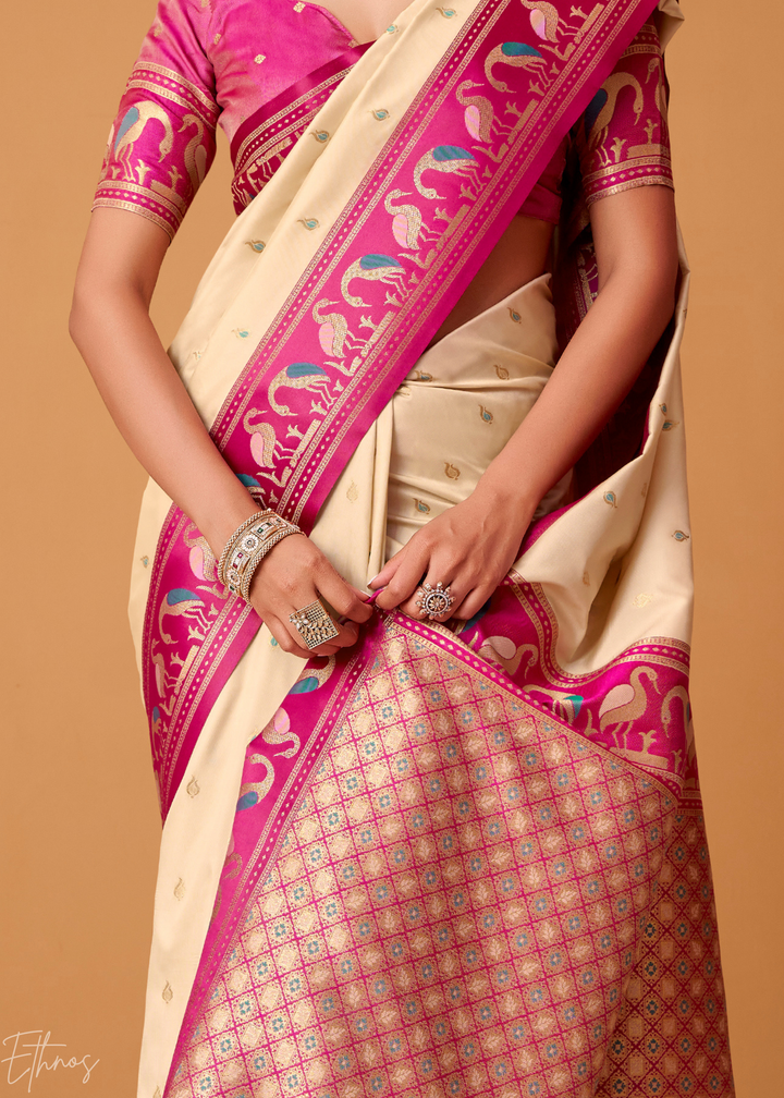 Cream Flamingo Satin Silk Saree