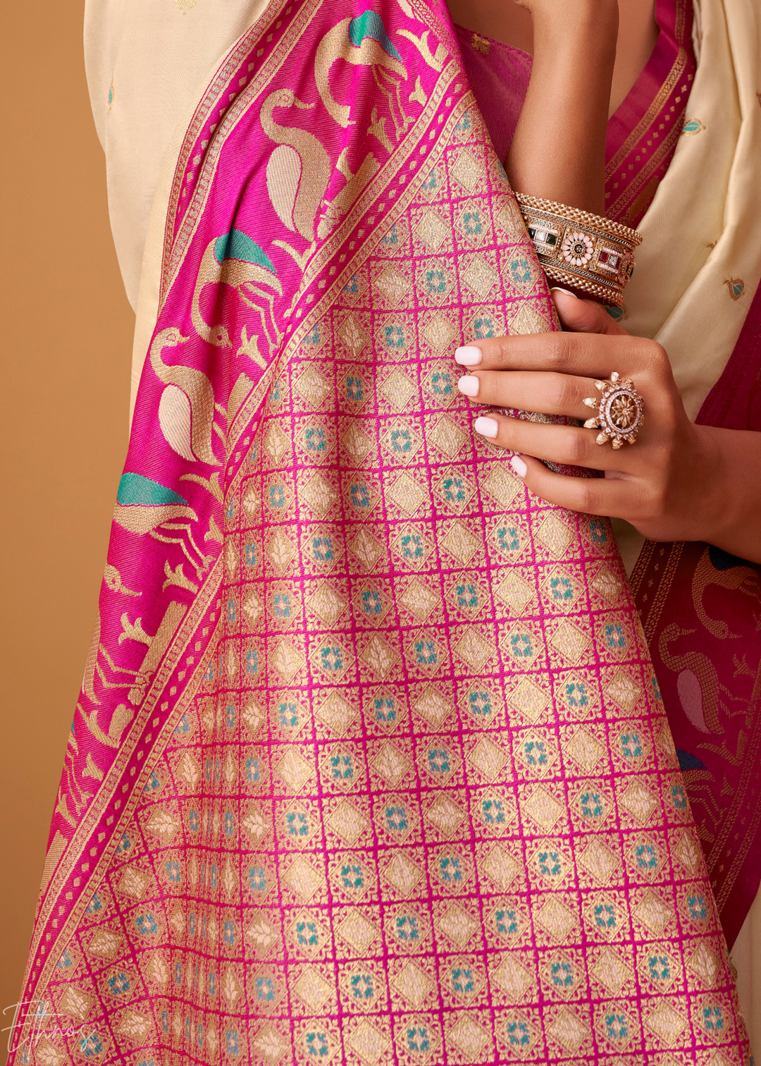 Cream Flamingo Satin Silk Saree