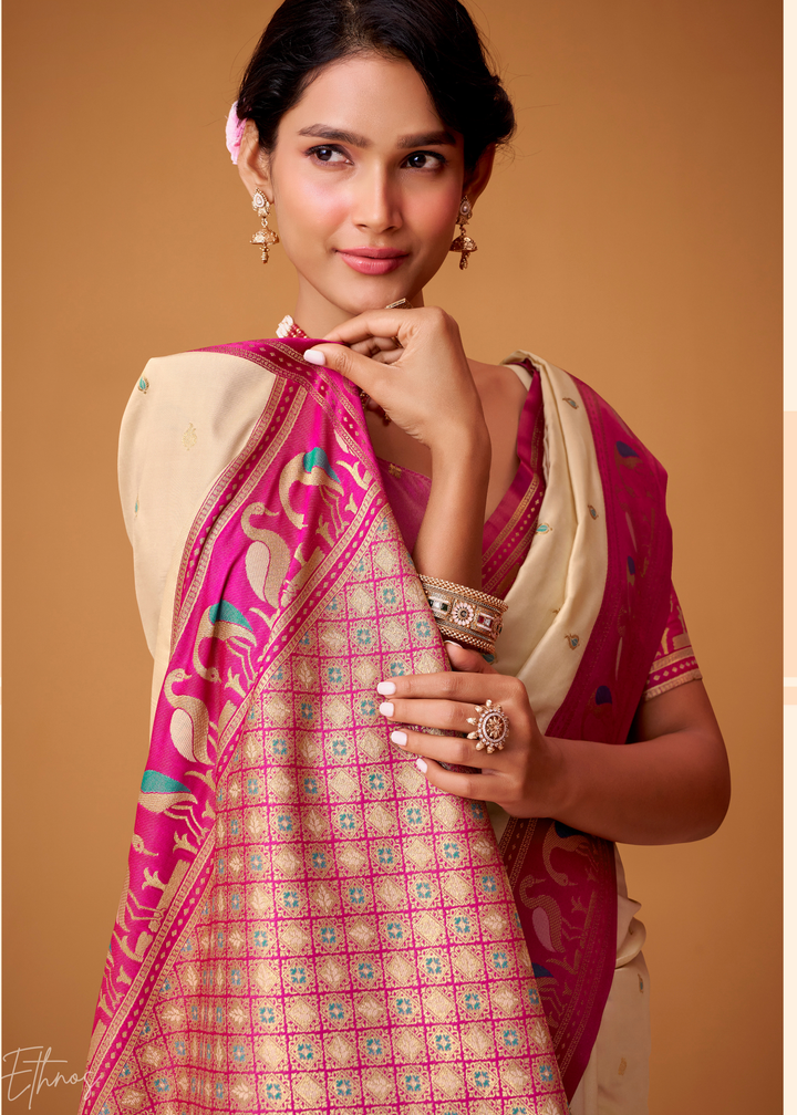 Cream Flamingo Satin Silk Saree