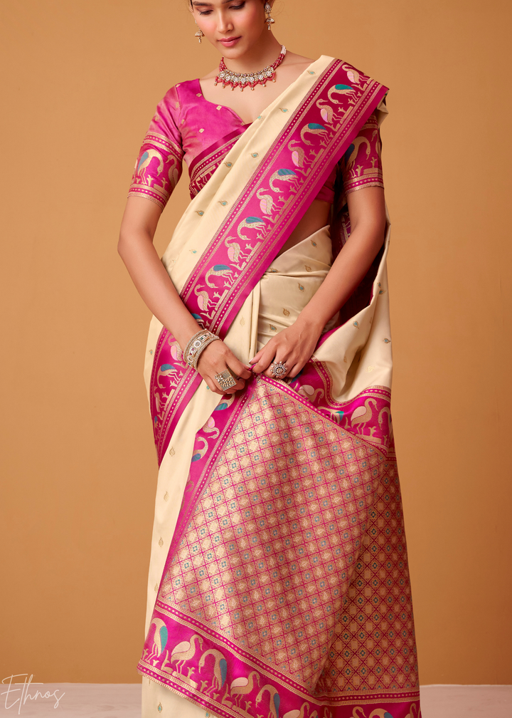 Cream Flamingo Satin Silk Saree