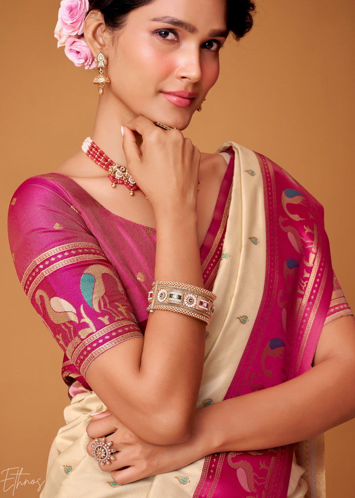 Cream Flamingo Satin Silk Saree