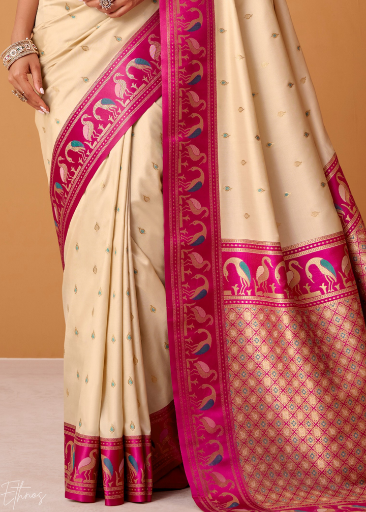 Cream Flamingo Satin Silk Saree