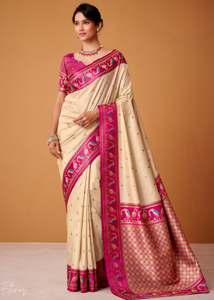 Cream Flamingo Satin Silk Saree