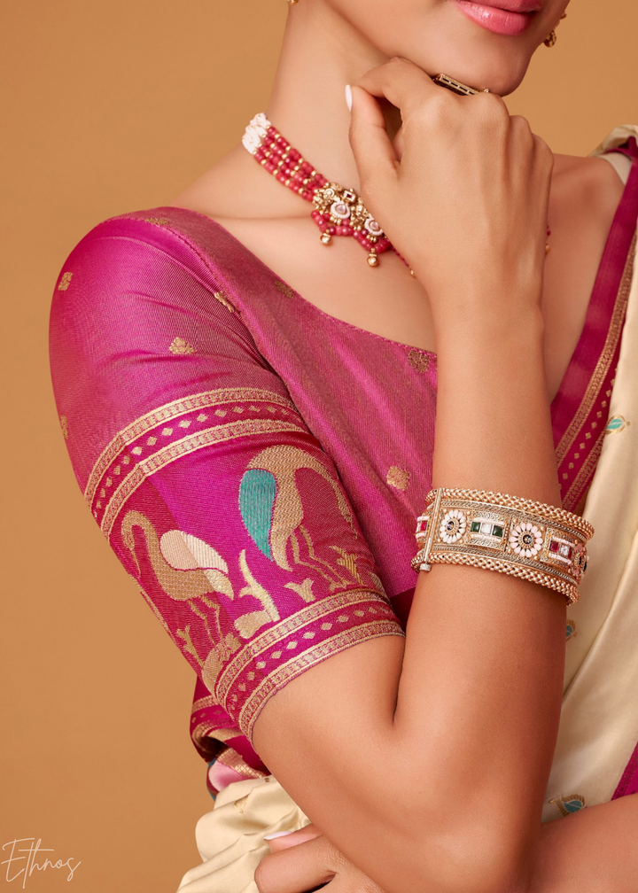 Cream Flamingo Satin Silk Saree