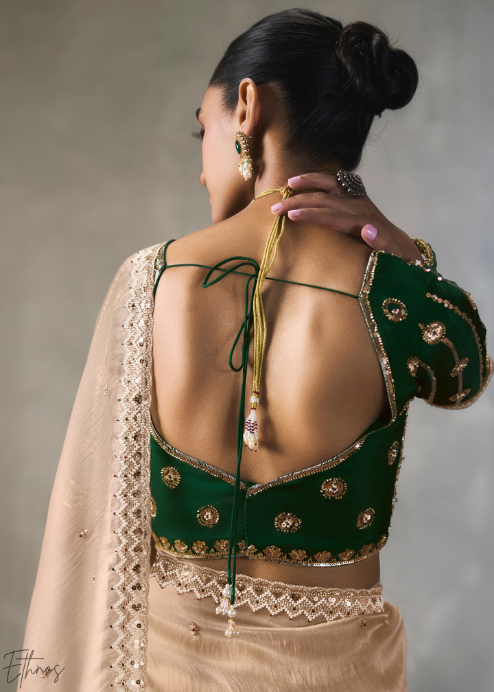 Cream Floral Scallop Beaded Border Silk Saree